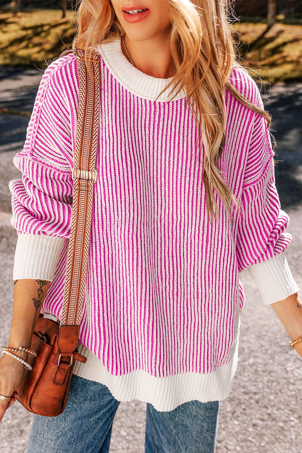 Striped Contrast Trim Loose Sweater